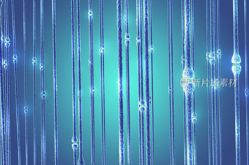 神经元在蓝色背景中传递信号。突触,3 d渲染